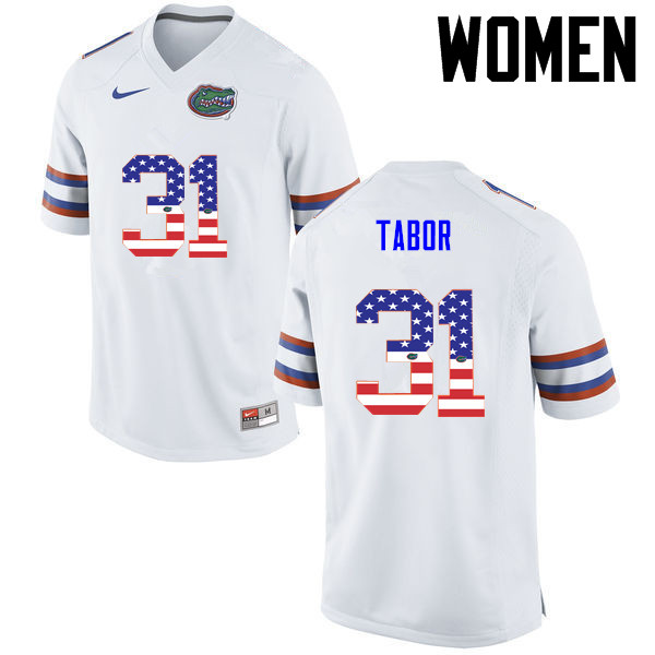 Women Florida Gators #31 Teez Tabor College Football USA Flag Fashion Jerseys-White - Click Image to Close